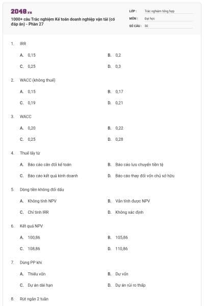 1000+ câu Trắc nghiệm Kế toán doanh nghiệp vận tải (có đáp án) - Phần 27