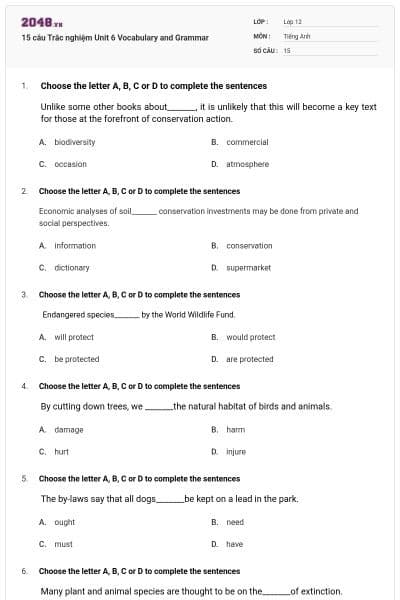 15 câu  Trắc nghiệm Unit 6 Vocabulary and Grammar