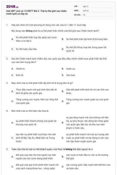 Giải SBT Lịch sử 12 KNTT Bài 3. Trật tự thế giới sau chiến tranh lạnh có đáp án