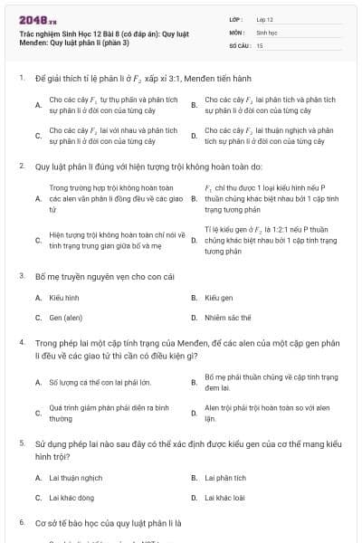 Trắc nghiệm Sinh Học 12 Bài 8 (có đáp án): Quy luật Menđen: Quy luật phân li (phần 3)