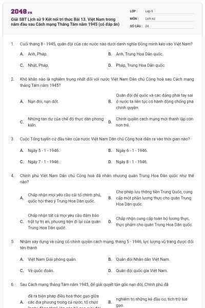 Giải SBT Lịch sử 9 Kết nối tri thức Bài 13. Việt Nam trong năm đầu sau Cách mạng Tháng Tám năm 1945 (có đáp án)