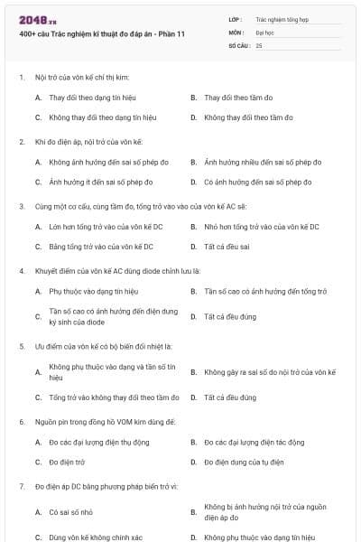 400+ câu Trắc nghiệm kĩ thuật đo đáp án - Phần 11