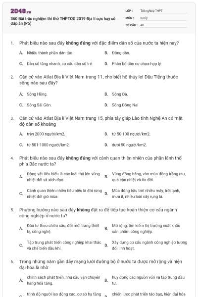 360 Bài trắc nghiệm thi thử THPTQG 2019 Địa lí cực hay có đáp án (P5)