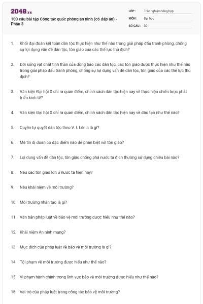 100 câu bài tập Công tác quốc phòng an ninh (có đáp án) - Phần 3