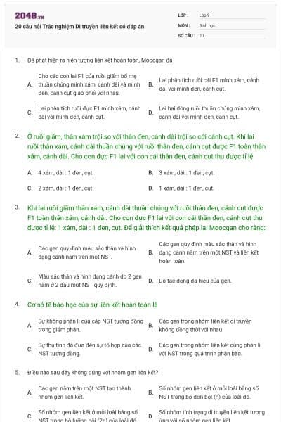 20 câu hỏi Trắc nghiệm Di truyền liên kết có đáp án