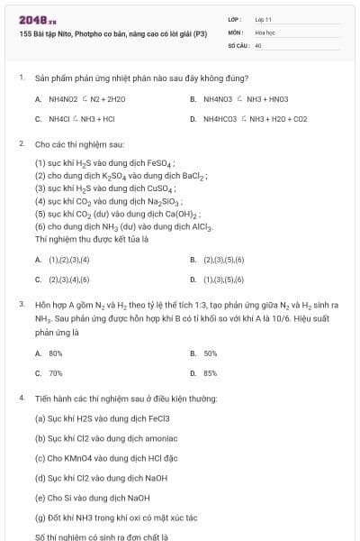 155 Bài tập Nito, Photpho cơ bản, nâng cao có lời giải (P3)