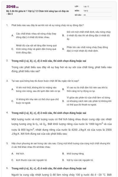 Bộ 3 đề thi giữa kì 1 Vật Lý 12 Chân trời sáng tạo có đáp án - Đề 3