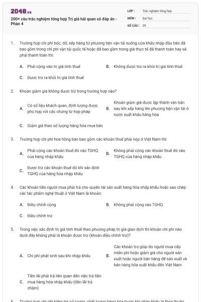 200+ câu trắc nghiệm tổng hợp Trị giá hải quan có đáp án - Phần 4