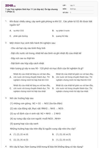 7 câu  Trắc nghiệm Sinh Học 11 (có đáp án): Ôn tập chương 1 (Phần 2)