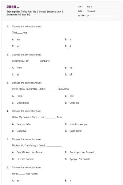 Trắc nghiệm Tiếng Anh lớp 3 Global Success Unit 1 Grammar (có đáp án)