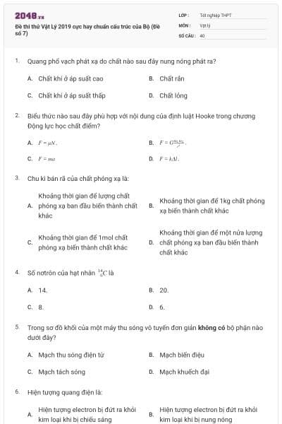 Đề thi thử Vật Lý 2019 cực hay chuẩn cấu trúc của Bộ (Đề số 7)