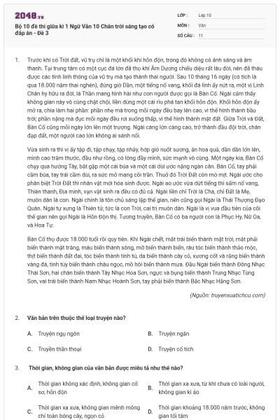Bộ 10 đề thi giữa kì 1 Ngữ Văn 10 Chân trời sáng tạo có đáp án -  Đề 3