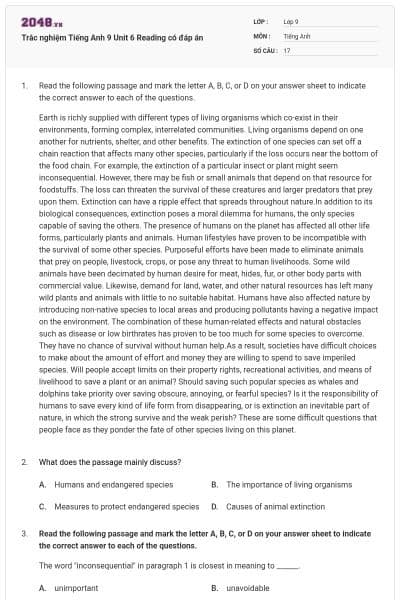 Trắc nghiệm Tiếng Anh 9 Unit 6 Reading có đáp án