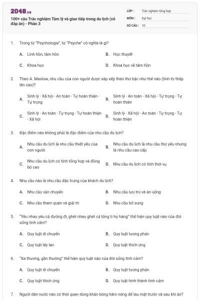 100+ câu Trắc nghiệm Tâm lý và giao tiếp trong du lịch (có đáp án) - Phần 3