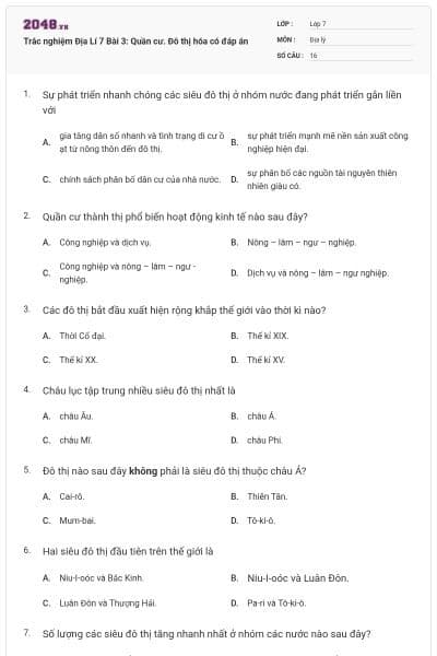Trắc nghiệm Địa Lí 7 Bài 3: Quần cư. Đô thị hóa có đáp án
