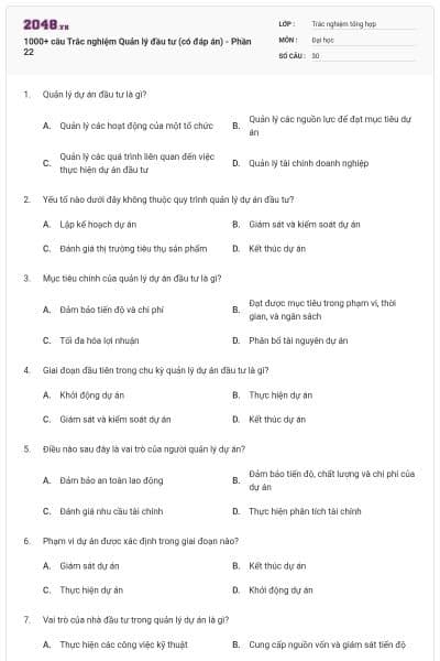 1000+ câu Trắc nghiệm Quản lý đầu tư (có đáp án) - Phần 22