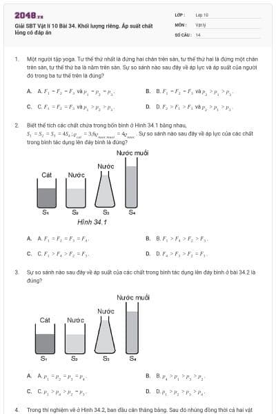 Giải SBT Vật lí 10 Bài 34. Khối lượng riêng. Áp suất chất lỏng có đáp án
