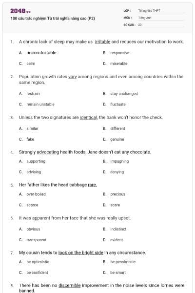 100 câu trắc nghiệm Từ trái nghĩa nâng cao (P2)