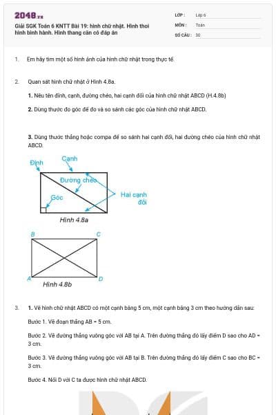 Giải SGK Toán 6 KNTT Bài 19: hình chữ nhật. Hình thoi hình bình hành. Hình thang cân có đáp án