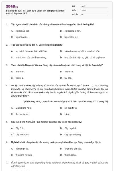 Bộ 2 đề thi cuối kì 1 Lịch sử 6 Chân trời sáng tạo cấu trúc mới có đáp án - Đề 2