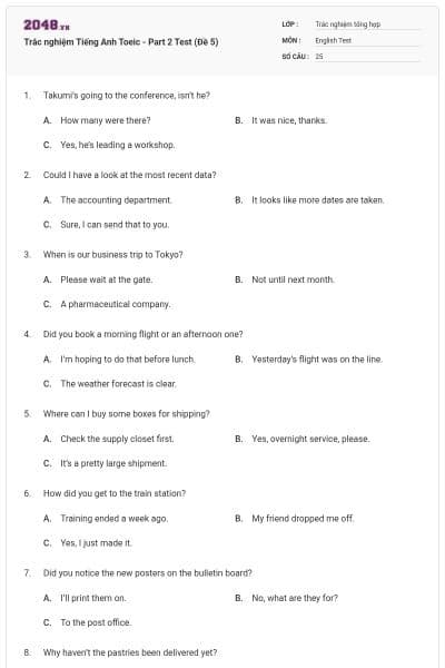 Trắc nghiệm Tiếng Anh Toeic - Part 2 Test (Đề 5)