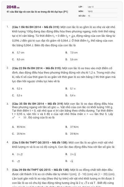 41 câu Bài tập về con lắc lò xo trong đề thi đại học (P1)