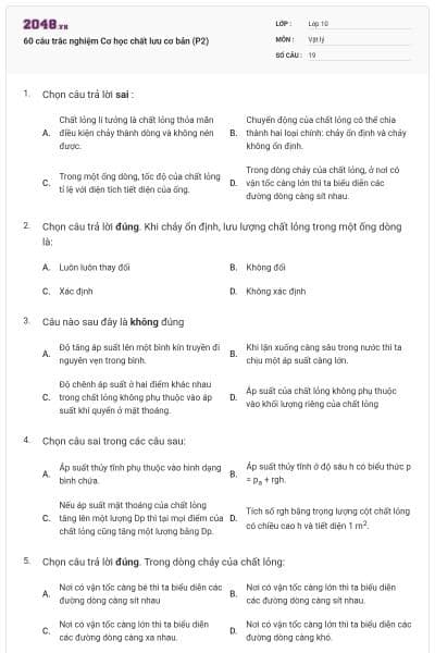60 câu trắc nghiệm Cơ học chất lưu cơ bản (P2)
