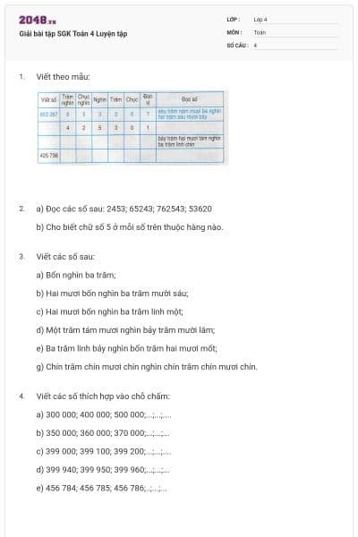 Giải bài tập SGK Toán 4 Luyện tập