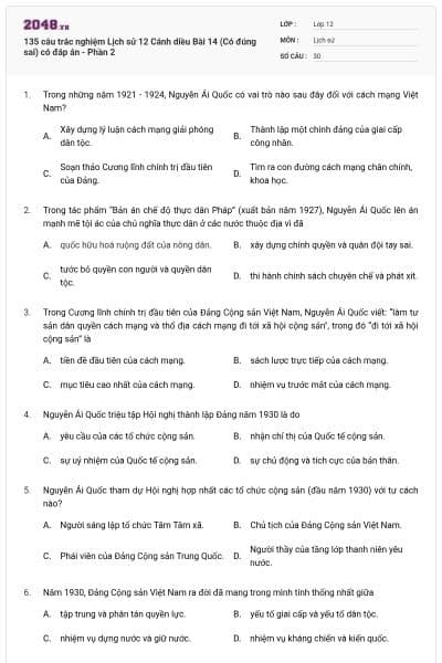 135 câu trắc nghiệm Lịch sử 12 Cánh diều Bài 14 (Có đúng sai) có đáp án - Phần 2