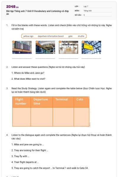 Bài tập Tiếng anh 7 Unit 8 Vocabulary and Listening có đáp án