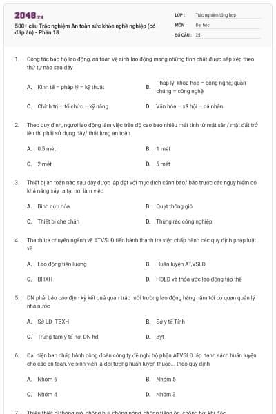 500+ câu Trắc nghiệm An toàn sức khỏe nghề nghiệp (có đáp án) - Phần 18