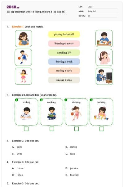 Bài tập cuối tuần Unit 18 Tiếng Anh lớp 3 (có đáp án)