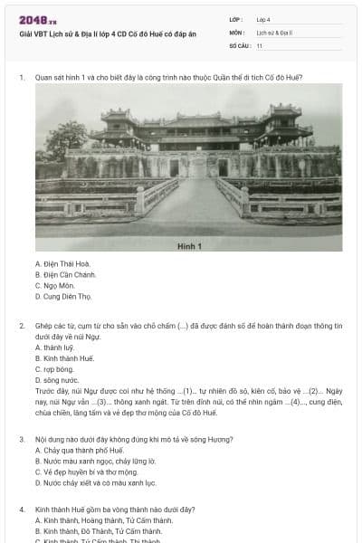 Giải VBT Lịch sử & Địa lí lớp 4 CD Cố đô Huế có đáp án