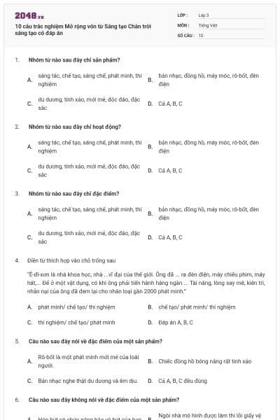 10 câu trắc nghiệm Mở rộng vốn từ Sáng tạo Chân trời sáng tạo có đáp án