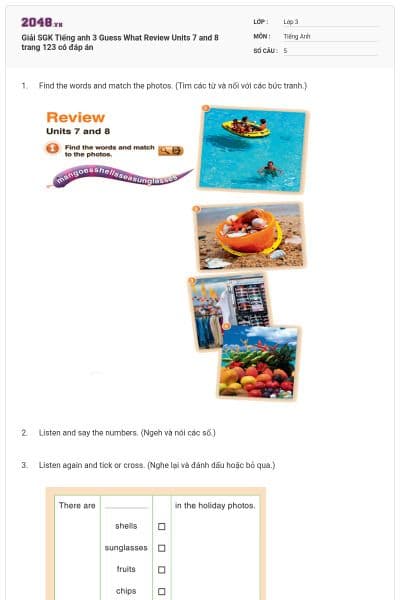 Giải SGK Tiếng anh 3 Guess What Review Units 7 and 8 trang 123 có đáp án