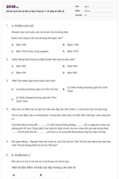 Đề thi Lịch Sử và Địa Lí lớp 4 Học kì 1 có đáp án (Đề 4)