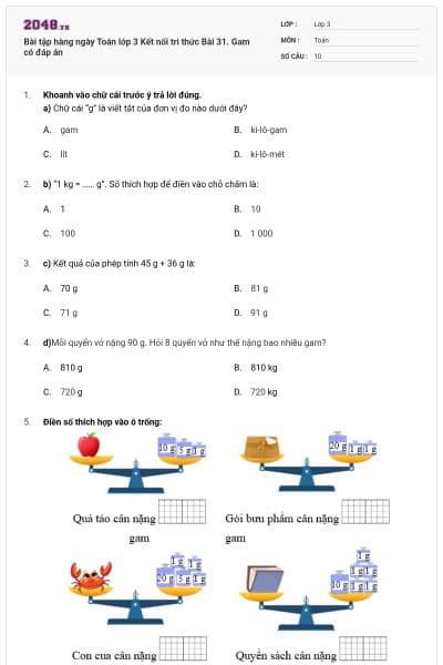 Bài tập hàng ngày Toán lớp 3 Kết nối tri thức Bài 31. Gam có đáp án