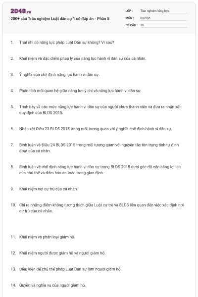 200+ câu Trắc nghiệm Luật dân sự 1 có đáp án - Phần 5