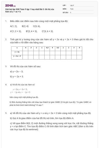 Giải bài tập SGK Toán 9 tập 1 hay nhất Bài 3: Đồ thị của hàm số y = ax + b