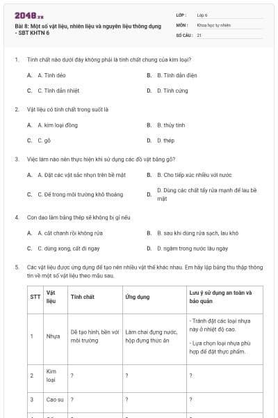 Bài 8: Một số vật liệu, nhiên liệu và nguyên liệu thông dụng - SBT KHTN 6