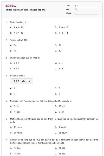 Bài tập cuối Tuần 5 Toán lớp 2 (có đáp án)