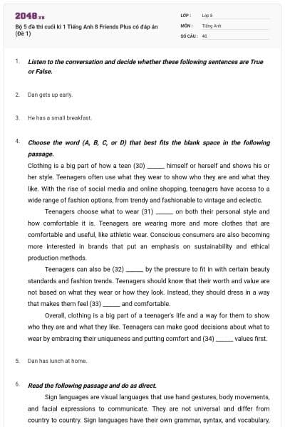 Bộ 5 đề thi cuối kì 1 Tiếng Anh 8 Friends Plus có đáp án (Đề 1)