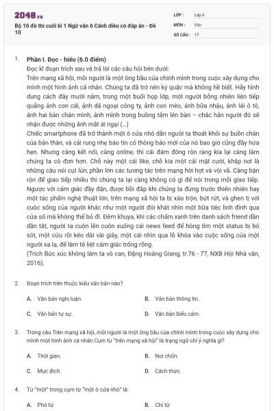 Bộ 10 đề thi cuối kì 1 Ngữ văn 6 Cánh diều có đáp án - Đề 10