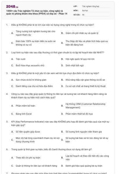 1000+ câu Trắc nghiệm Tổ chức sự kiện, công nghệ và quản trị phòng khám nha khoa (PPD4) có đáp án - Phần 14