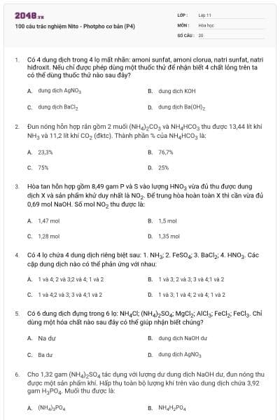 100 câu trắc nghiệm Nito - Photpho cơ bản (P4)