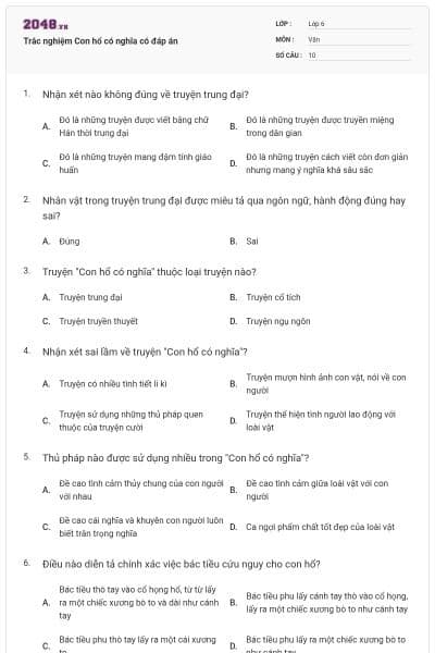 Trắc nghiệm Con hổ có nghĩa có đáp án