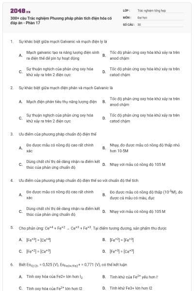 300+ câu Trắc nghiệm Phương pháp phân tích điện hóa có đáp án - Phần 17