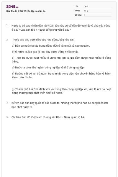 Giải Địa Lí 5 Bài 16: Ôn tập có đáp án