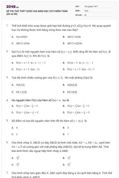 ĐỀ THI THỬ THPT QUỐC GIA NĂM HỌC 2019 MÔN TOÁN (Đề số 08)