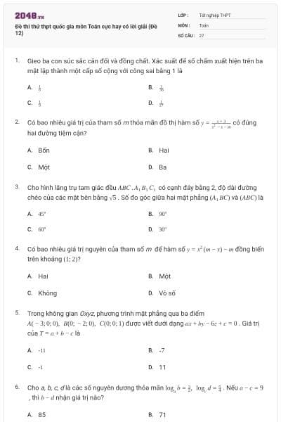 Đề thi thử thpt quốc gia môn Toán cực hay có lời giải (Đề 12)